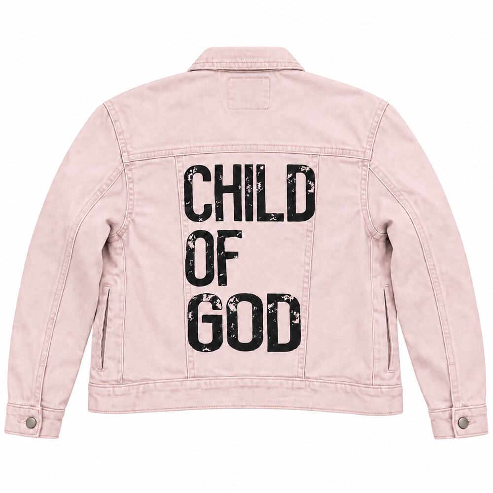Child of God Custom Christian Upcycled Pale Pink Denim Jacket, Kids S/8
